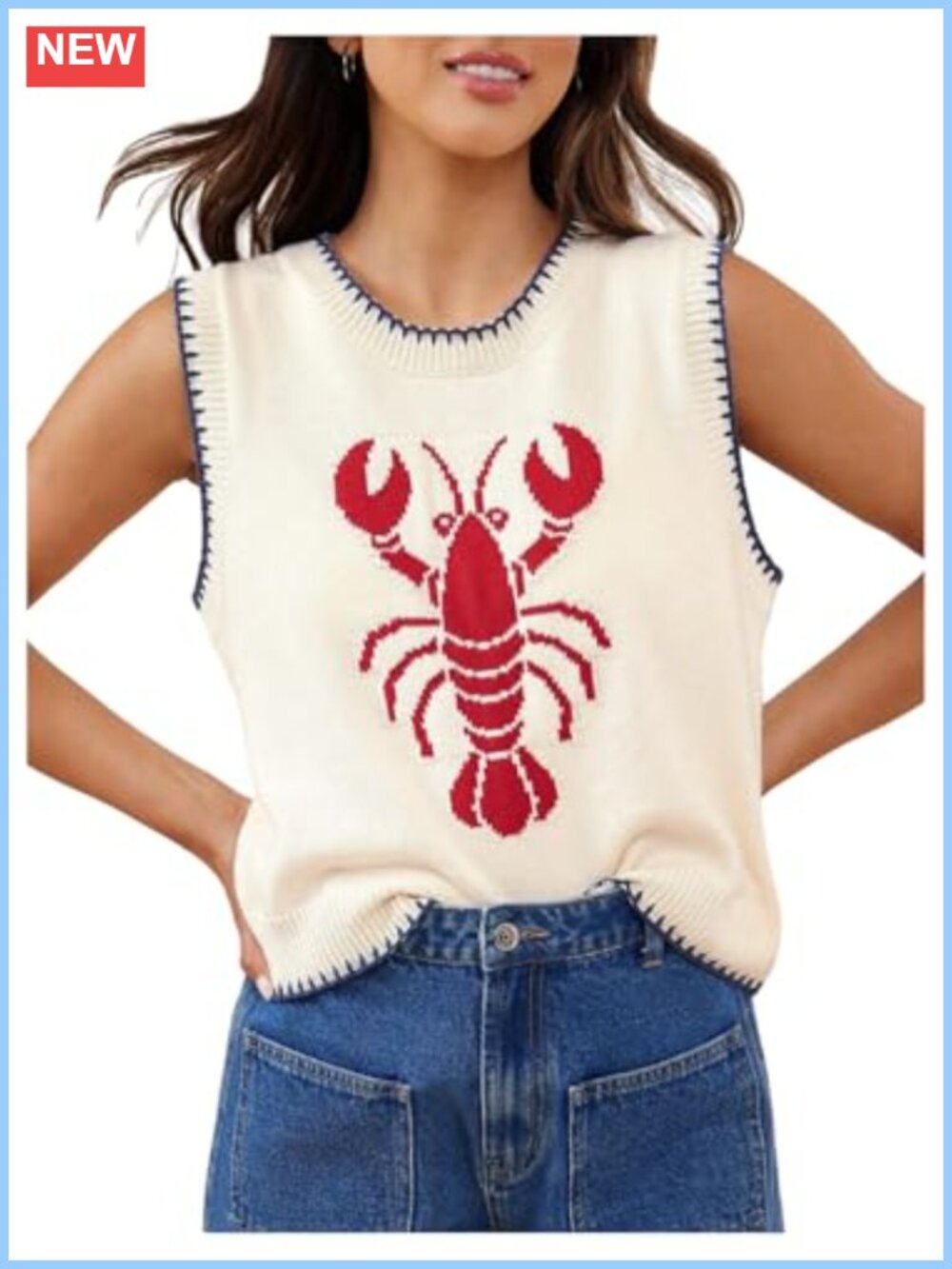Crew Neck Sleeveless Knit Vest Lobster Top Y2K Summer